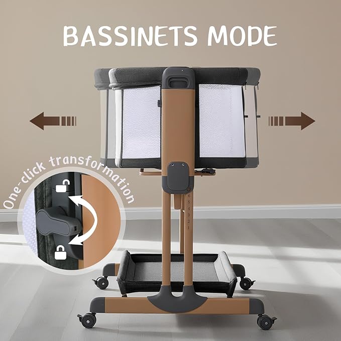 3 in 1 Baby Bassinet, Rocking Bassinets with Comfy Mattress and Wheels, Adjustable Height Bassinet Bedside Sleeper, Easy Folding Portable Crib for Newborn (Black)