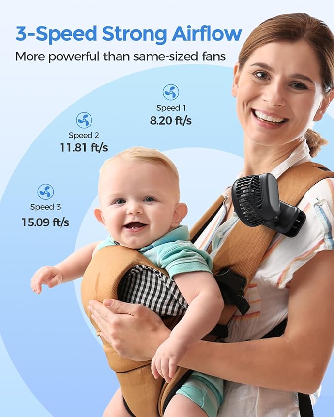 AMACOOL Mini Baby Fan with Clip for Carrier/Baby Car Seat/Bassinet, 3-Speed Portable Fan, 10H Cooling Rechargeable, Ultra Light 0.24 lb, Safe Gaps, 360° Rotatable for Diaper Backpack Stroller Travel