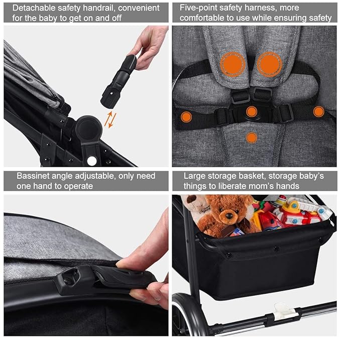 INFANS 2 in 1 Baby Stroller, High Landscape Infant Stroller & Reversible Bassinet Pram, Foldable Pushchair with Adjustable Canopy, Cup Holder, Storage Basket, Suspension Wheels (Volcanic Ash)