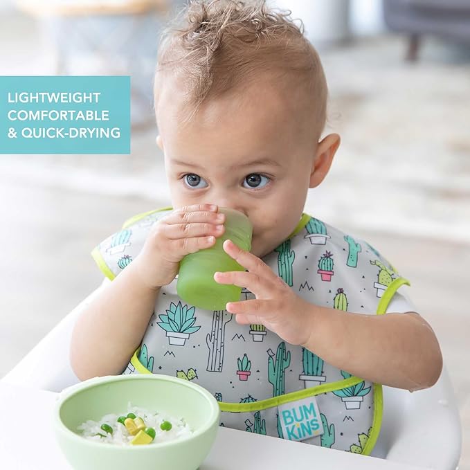 Bumkins - SuperBibs + Sleeved Bib - For Boys & Girls, Babies & Toddlers 6-24 Months - Lightweight, Durable, Waterproof - Catch-All Pocket - Wipeable & Machine Washable - No Prob-llama Green - 3 Pack