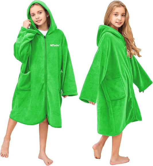 Hiturbo Kids Bath Towel Hoodie: Soft Plush Zipper Surf Poncho - Warm Fleece Changing Towels Swimming Outerwear (Green)