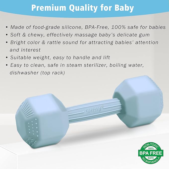 Giftty Baby Dumbbell Infant Rattle Silicone Teething Toy Teether Infants Toddler Sensory Toy Exercises Weight - Made of 100% Food-Grade Silicone, Safe for Baby Boys and Girls (1pcs 4.8oz - Blue)