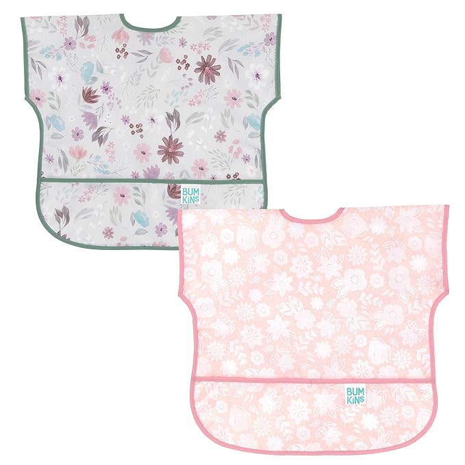 Bumkins - Junior Bib - For Boys & Girls, Toddlers & Kids 1-3 Years - Lightweight, Durable, Waterproof - Short Sleeve Bib - Catch-All Pocket - Wipeable & Machine Washable - Floral & Lace - 2 Pack