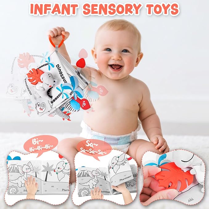 Dinosaur Fabric Book- Crinkle Sound, Touch & Feel, Press Squeaker with Soft Tail Plus Teether Feature - Baby Books Toys for Newborn Infants 0-12 Months (Teether Safe, Machine Washable)