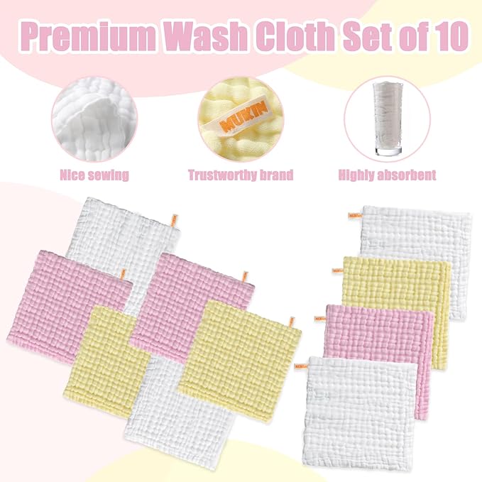 MUKIN Baby Washcloths - Natural Cotton Baby Wipes - Soft Newborn Baby Face Towel for Sensitive Skin- Baby Registry as Shower, 10 Pack 12x12 inches (Pink,Yellow,White)
