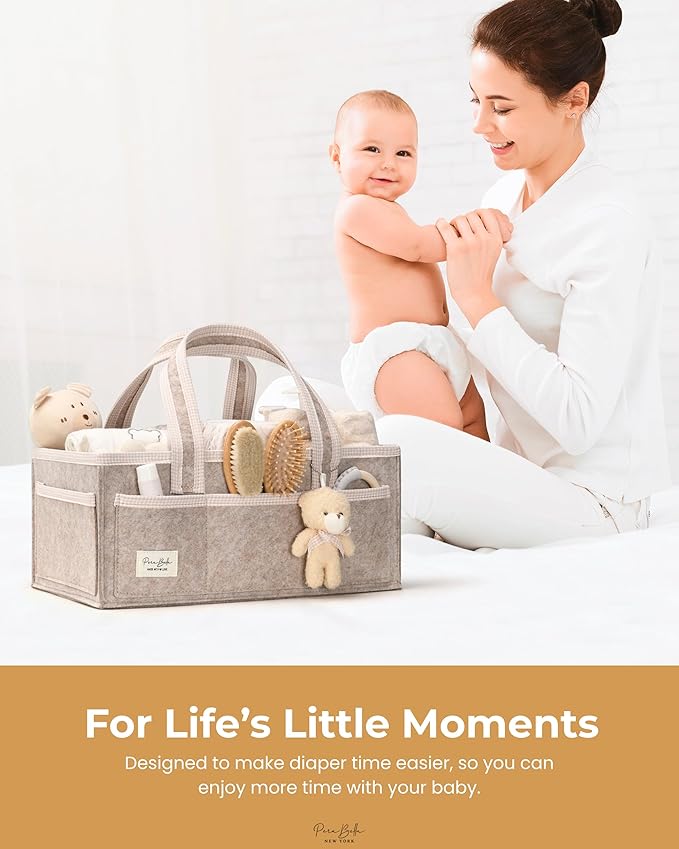 PeraBella XL Diaper Caddy Organizer With Handle, Baby Shower Gifts Basket Bag, Registry Search Must Haves Items, Newborn Girl Boy Nursery Storage Organizer, Baby Bag Essentials, Car Diaper Caddy Cart