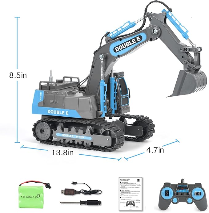 DOUBLE E Remote Control Excavator Toy RC Excavators Rechargeable Battery Digger Hydraulic Construction Toys Vehicles Xmas Gift for Boys Girls Kids 3-14 Years,Gray-Blue