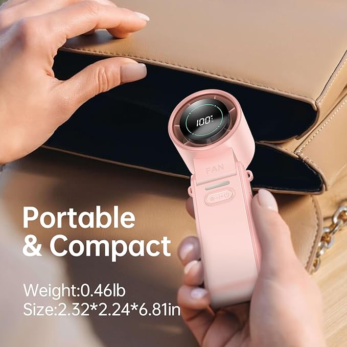 3-in-1 Portable Handheld Turbo Fan-100 Speeds, 13500RPM, 12Hrs Cooling, Digital Display, 120° Rotation, USB Rechargeable Mini Hand Held Personal Fan for Travel, Makeup, Outdoor, Indoor (Pink)