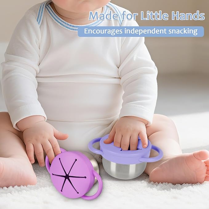 2 Pack 304 Stainless Steel Snack Cups for Toddlers, Toddler Snack Containers with Spill-Proof Silicone Travel Lid & Handle, Dishwasher Safe, Removable Snack Cup for Baby, Toddler, Kids