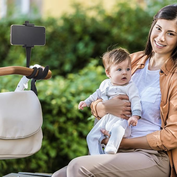 Amylove 2 Pcs Stroller Phone Holder Portable Cell Phone Holder Stand Universal Stroller Accessories for Parent Baby Toddler Cellphone Clamp with Non Slip Silicone Arm Grip(Black,Upgraded)