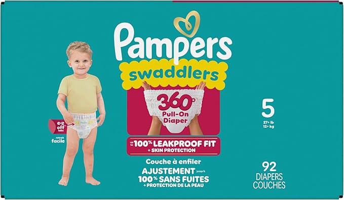 Pampers Diapers - Swaddlers 360° - Size 5, 92 Count, up to 100% Leakproof Comfy Dry Fit, Designed for Easy Changes, Pull On Baby Diaper (Packaging May Vary)