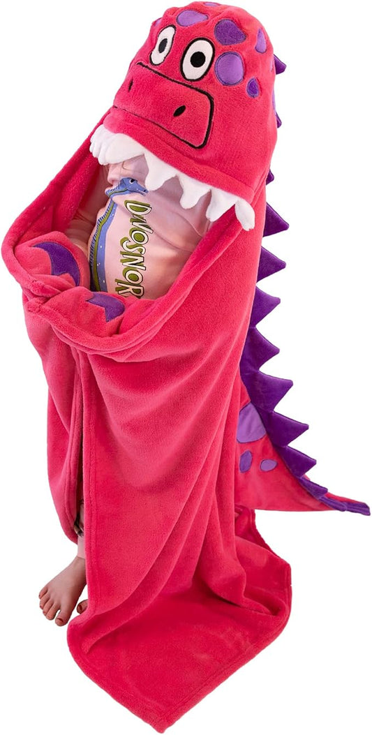 Lazy One Wearable Hooded Blanket for Kids, Animal Hooded Blanket (Pink Dinosaur)