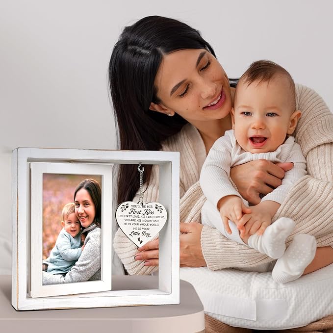 New Mom Gifts, Boy Mom Gifts - "You'll Be His First Kiss" Picture Frame Nursery Decor, Gift for Mother to Be, Baby Shower, Birthday, Mother's Day - Vintage Style Rotating Photo Frame 4x6