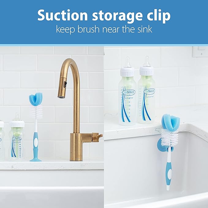 Dr. Brown's Reusable Sponge Baby Bottle Cleaning Brush with Suction Cup Stand, Scrubber and Nipple Cleaner, Assorted Color 1-Pack