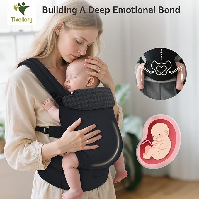 Reversible Baby Carrier – Black Solid & Houndstooth; Lightweight, Cooling & Breathable Lyocell Fabric; Ergonomic Lumbar Support and Quick Hands-Free Wear for Newborn to Toddler (7–44 lbs)
