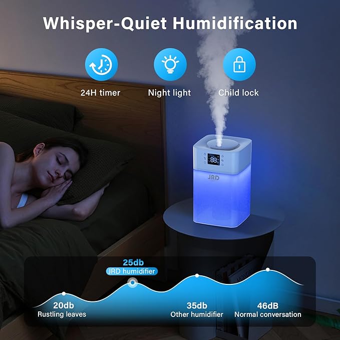 JRD 4L Humidifiers for Bedroom, Cool Mist Humidifier for Large Room, 40H Runtime, 24H Timer, 10 Mist Levels, 360° Nozzle, Night Light for Home, Office, Baby Nursery, Plants(White)