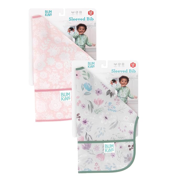 Bumkins - Sleeved Bib - For Boys & Girls, Babies & Toddlers 6-24 Months - Lightweight, Durable, Waterproof - Long Sleeve Bib - Catch-All Pocket - Wipeable & Machine Washable - Floral & Lace - 2 Pack