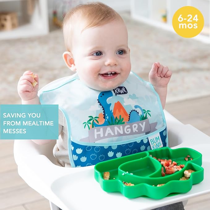 Bumkins - SuperBibs + Sleeved Bib - For Boys & Girls, Babies & Toddlers 6-24 Months - Lightweight, Durable, Waterproof - Catch-All Pocket - Wipeable & Machine Washable - Always Hangry Dinosaur -3 Pack