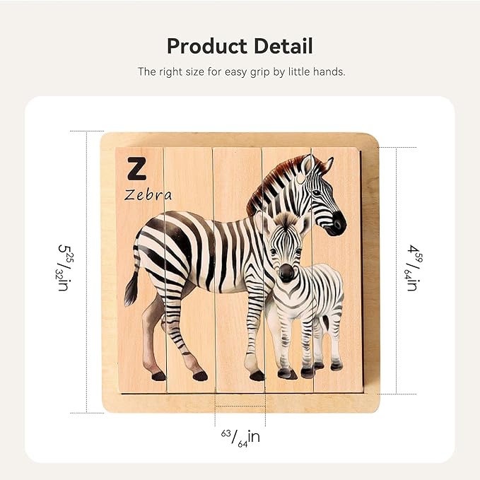Wooden Safari Animals Learning Puzzle Set, 4-in-1 Block Puzzles for Toddlers 18 Months+, Educational Montessori Toys with Storage Tray