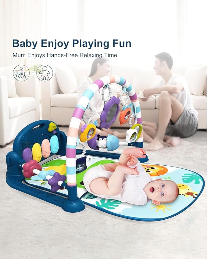 dearlomum Baby Play Mat Gym, Funny Play Piano Tummy Time Activity Mat with 5 Infant Sensory Toys, Music and Lights, Boy & Girl Gifts for Newborns 0 to 3 6 9 12 Months(New Blue)