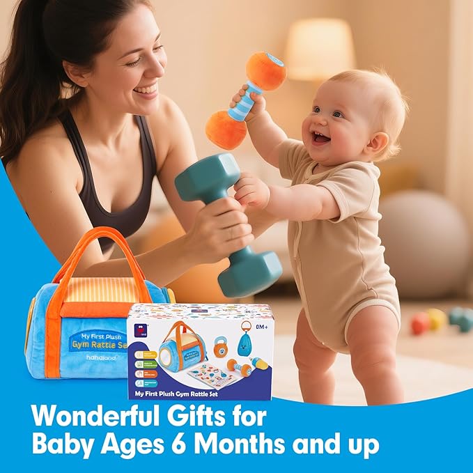 hahaland Baby Toys 6-12 Months - Baby Toys 3-6 Months Montessori Toy for 6 Month Old, Sensory Toy for Babies Workout Weights Dumbbell Toy Set with Soft Rattles Mirror, Babies Girl Boy Gifts