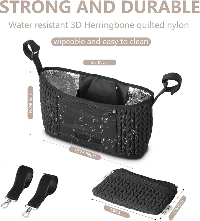 Stroller Organizer With Insulated Bottle Holder- Universal Fit, Detachable Bag, Fit For Most Of The Stroller And Pet Stroller (Black-B)