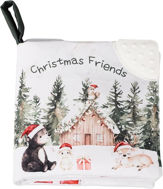 Ali+Oli Baby Cloth Book – Soft Sensory Crinkle Book with Teether for Infants 0-12 Months – Early Learning Touch & Feel Tummy Time Toy – Newborn Shower Gift for Boys & Girls - Christmas Friends