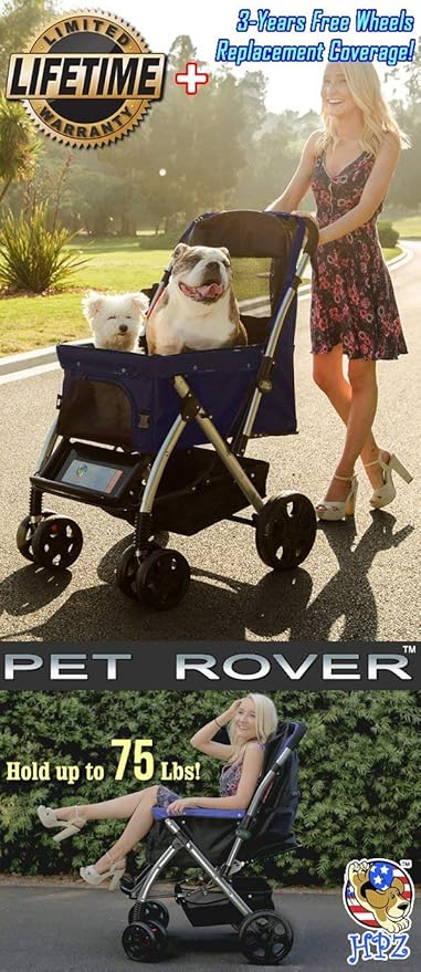 HPZ Pet Rover Premium Heavy Duty Dog/Cat/Pet Stroller Travel Carriage With Convertible Compartment/Zipperless Entry/Reversible Handle/Pump-Free Rubber Tires for Small, Medium, Large Pets-Midnight Blue