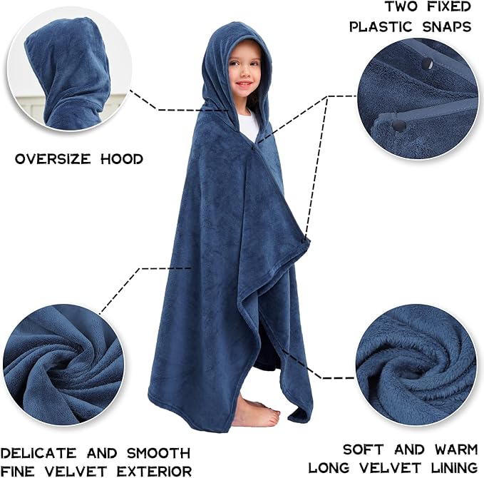 Hiturbo Kids Fleece Hooded Bath Towel: Soft Plush Pool Beach Towel Blanket - 50"x30" Toddler Towels Wrap for Boys Girls 3-12 Years (Navy)