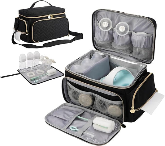Breast Pump Bag Compatible with Spectra S1 and S2, Large Insulated Storage with Waterproof Mat, Travel & Work Portable Pump Carrying Case for Pumping Accessories, Black