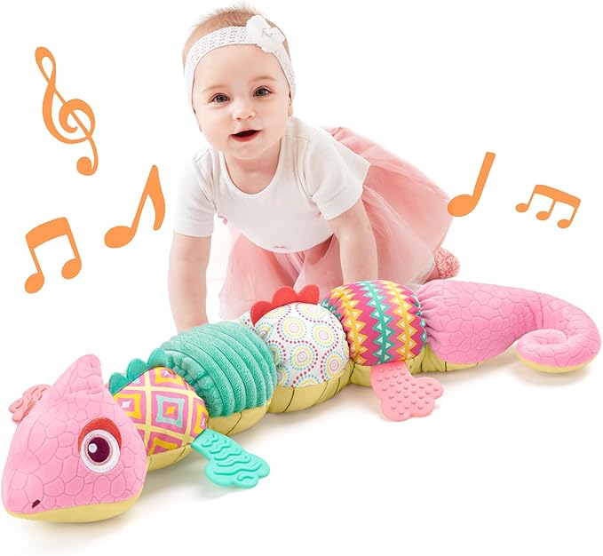 LIGHTDESIRE Baby Toys Musical Dinosaur,Infant Stuffed Animal Toys with Crinkle and Rattles,Soft Sensory Toys with Textures for Tummy Time Newborn Boys Girls 0 3 6 12 Months(Pink)