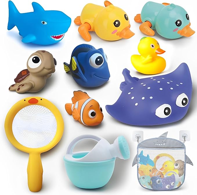 Bath Toys for Kids Ages 1-3, No Hole Bath Toys for Babies 6-12 Months, Wind-up Ducks Baby Pool Toys, Rubber Duck Watering Can Fishing Net Water Toys for Toddlers, Bath Toy Storage, Halloween Toy