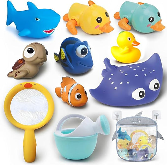Bath Toys for Kids Ages 1-3, No Hole Bath Toys for Babies 6-12 Months, Wind-up Ducks Baby Pool Toys, Rubber Duck Watering Can Fishing Net Water Toys for Toddlers, Bath Toy Storage, Halloween Toy