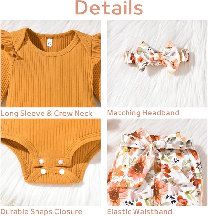 Aalizzwell Preemie Newborn Infant Baby Girls Clothes Ribbed Romper Bodysuit Pants Set Fall Winter Outfits