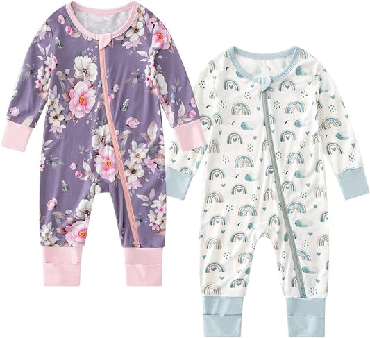 OPAWO Viscose from Bamboo Baby Pajamas Girl 2pack Mittens Cuff 2 Way Zipper Soft Footless Sleeper Baby Boy One-Piece Romper