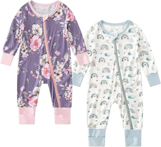 OPAWO Viscose from Bamboo Baby Pajamas Girl 2pack Mittens Cuff 2 Way Zipper Soft Footless Sleeper Baby Boy One-Piece Romper