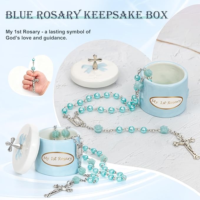 My First Blue Rosary and Keepsake Box, Catholic Baptism Gift for Baby Boy, Christening Set from Godparents, First Communion Rosary, Baby Shower Keepsake Box, Religious Boy Baptism Gifts