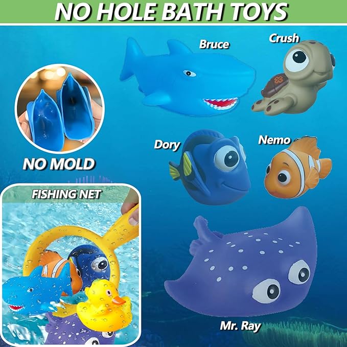 Bath Toys for Kids Ages 1-3, No Hole Bath Toys for Babies 6-12 Months, Wind-up Ducks Baby Pool Toys, Rubber Duck Watering Can Fishing Net Water Toys for Toddlers, Bath Toy Storage, Halloween Toy