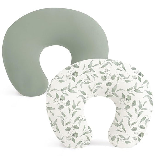 Konssy 2 Pack Nursing Pillow Covers, Stretchy and Soft Nursing Cover for Breastfeeding Pillows, Pillow Slipcover for Baby Girls Boys Newborn (Green, Green Leaves)