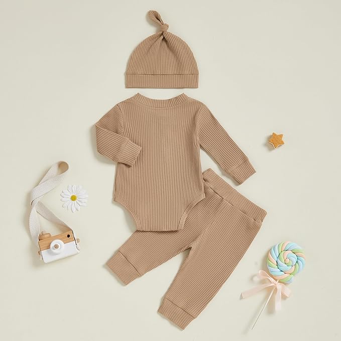 Newborn Baby Boy Clothes Long Sleeve Ribbed Bodysuit Pants Hat 3-Piece Outfit Set