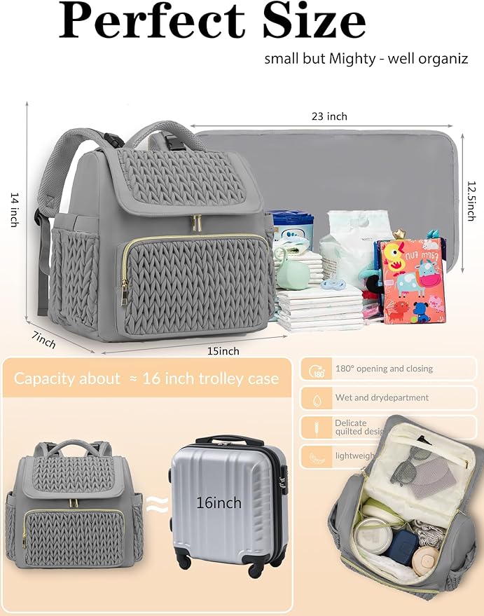 Diaper Bag Backpack, Baby Bag with Changing Pad, Travel Waterproof Diaper Bag Tote, Newborn Essentials Must Haves, Luxury baby shower gifts for boys & Girls, Grey