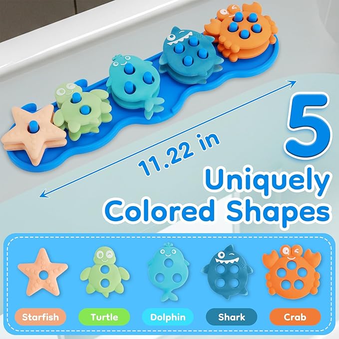 Baby Bath Toys, Mold Free Silicone Shape Sorting & Stacking Bath Toys for Kids Ages 1-3 with 10 Cute Floating Pieces, Color & Shape Sorter Toys Set for Toddler Early Learning Bathtub Fun Essentials