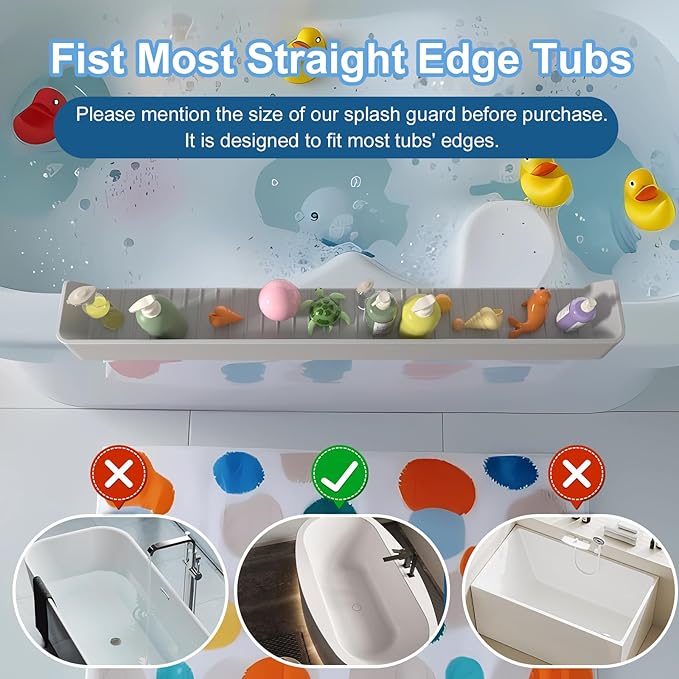 Longer Bathtub Splash Guard for Tub Kids, Play Shelf for Bathing, Toy Tray Caddy Holder for Tub, Silicone Tub Splash Guard Prevent Water Spills in Bathroom (2.6FT, Grey)