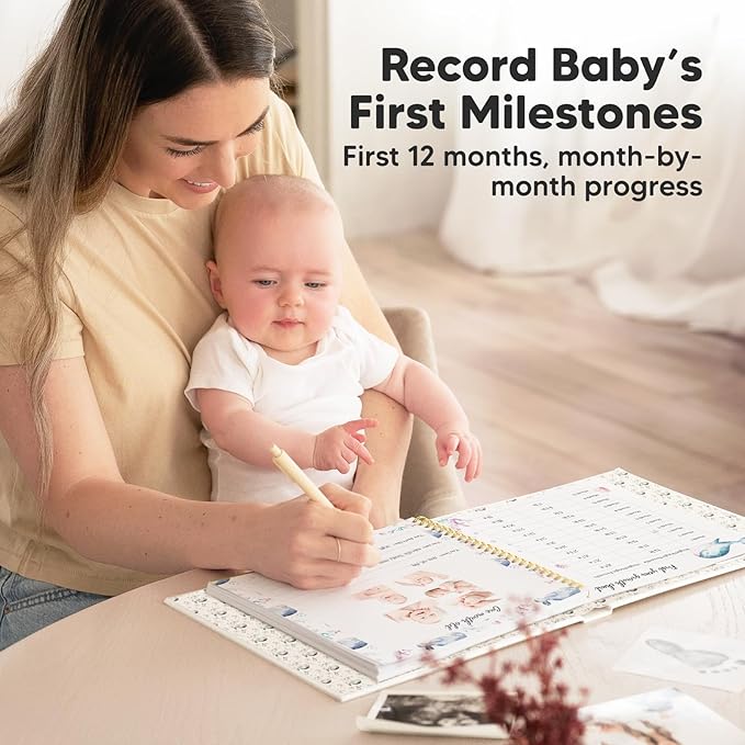 First 5 Years Baby Memory Book Girl, Boy - 90 Pages Hardcover First Year Milestone Keepsake Book, Newborn Scrapbook for New Parents, Minimalist Photo Album Journal, Gift for Baby Shower (SeaWorld)