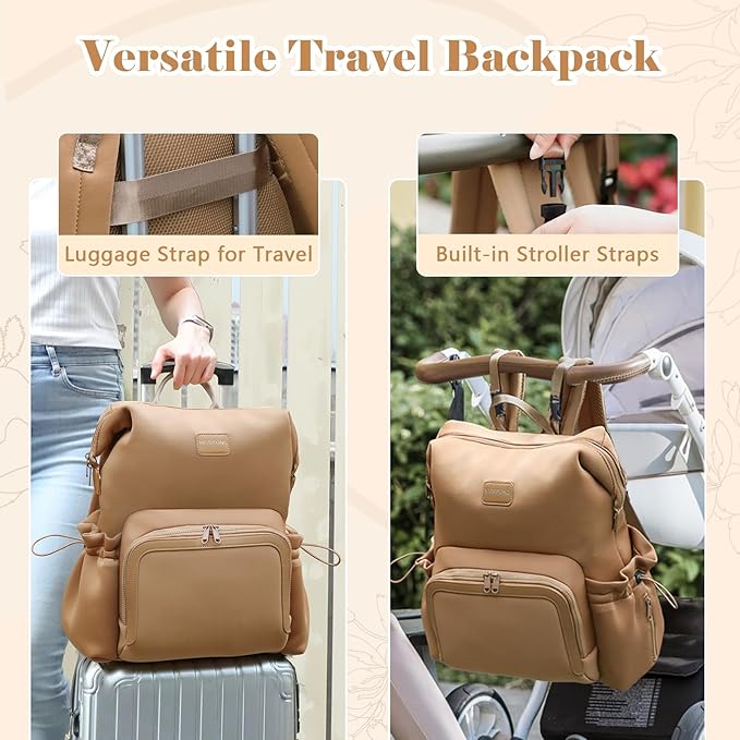 miss fong Diaper Bag Backpack - Baby Diaper Bag Neoprene Bag Large Capacity Neoprene Backpack with Diaper Changing Pad Travel Diaper Backpack Baby Backpack with 12 Pockets for Mom & Dad -Brown