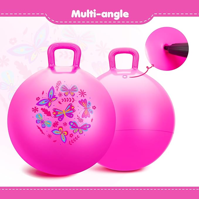 EVERICH TOY Hopper Ball, Pink Butterfly Hopping Toys for Kids, 18 Inch Bouncy Ball with Handle, Indoor Outdoor Inflatable Hoppity Hop Toy for Girls Boys Gift with Pump