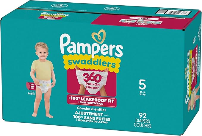 Pampers Diapers - Swaddlers 360° - Size 5, 92 Count, up to 100% Leakproof Comfy Dry Fit, Designed for Easy Changes, Pull On Baby Diaper (Packaging May Vary)