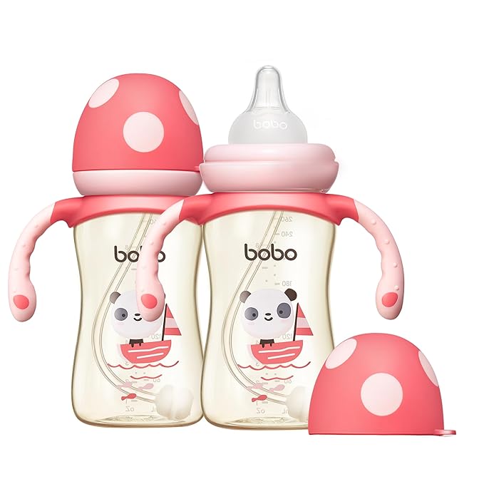 YOHKOH Natural PPSU Baby Bottle with Natural Response Nipple, Newborn Anti-Colic Baby Bottles with Handle, Wide Neck Mushroom Cap Baby Bottle (8.8oz (Pack of 2), Red)