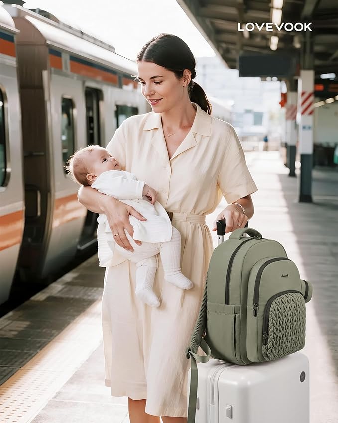 LOVEVOOK Diaper Bag Backpack, Baby Bag with Changing Pad for Mom Dad, Large Waterproof Mommy Bag with Stroller Buckles, Travel Essential with Pacifier Case & Insulated Bottle Pockets, Bean green