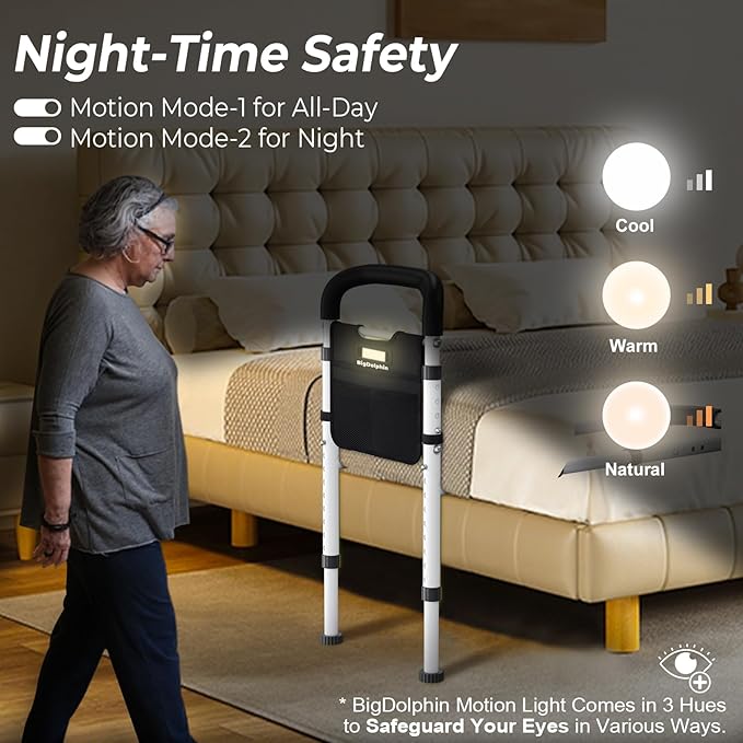 Bed Rails - ASTM Certified, 350 LBS Adjustable Bed Cane with Motion Sensor Light, Tool-Free, Non-Slip Ergonomic Handle & Storage Pocket, 2026 Upgrade Stable Bed Assist Rails for Seniors